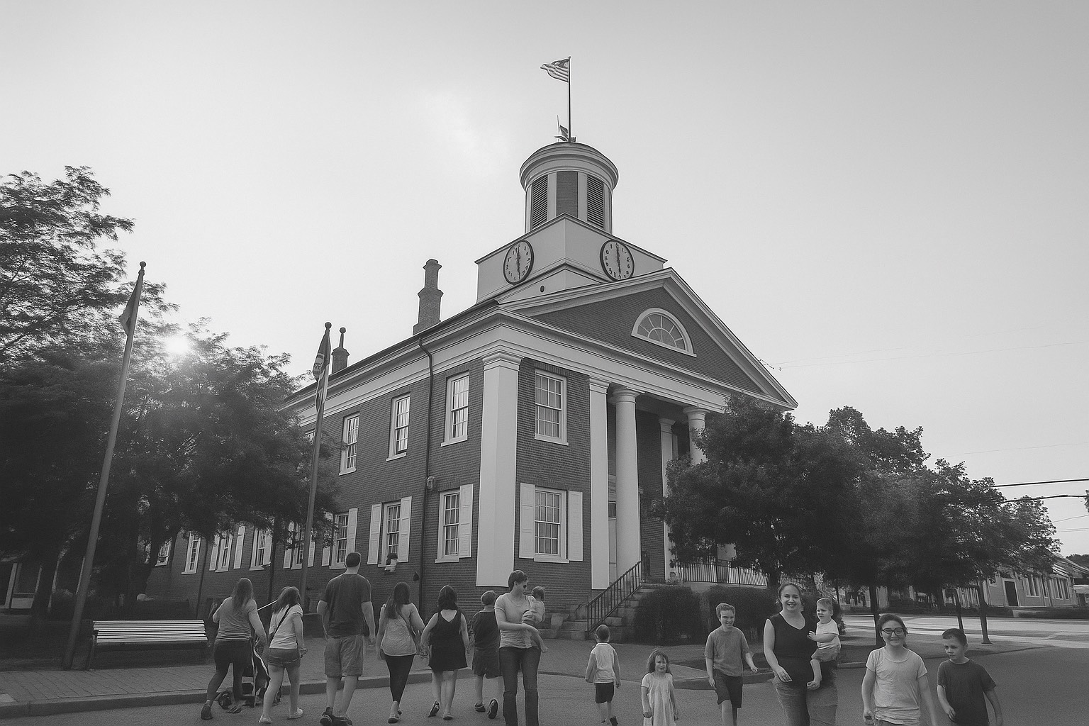 Black-and-white photograph of the Bedford County Courthouse with its clock tower, columns, and American flag. Families with children gather on the sidewalk and near the steps, creating a candid community scene that emphasizes connection and presence around the historic building.