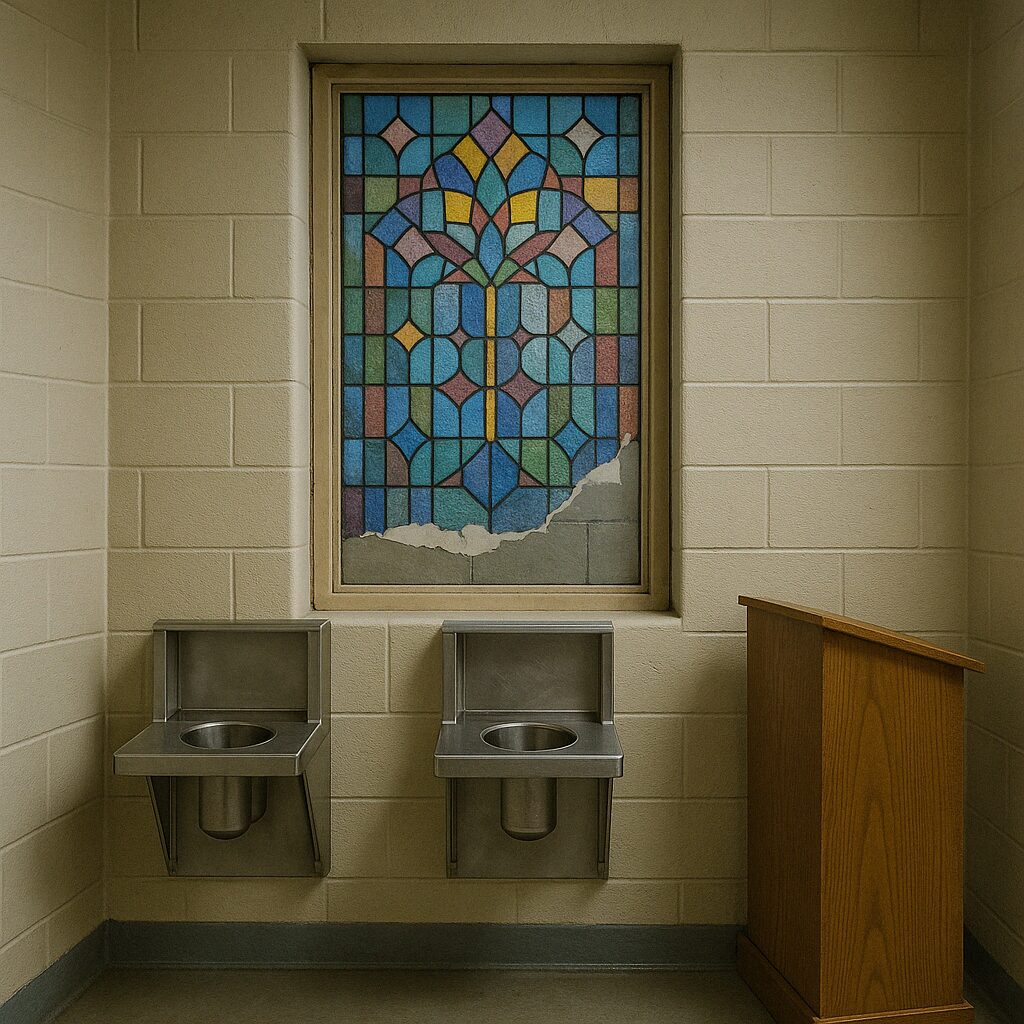 Prison "chapel" with methadone desks, a wooden podium, and a wall covered by torn gift-wrap designed to look like stained-glass, a stark symbol of counterfeit hope in place of true worship.