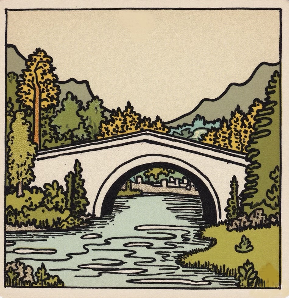 A warm, vintage illustration of a stone bridge across a calm river surrounded by trees and mountains