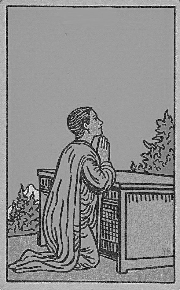 Line art illustration of a person kneeling in prayer at a desk, symbolizing surrender, devotion, and seeking divine guidance.