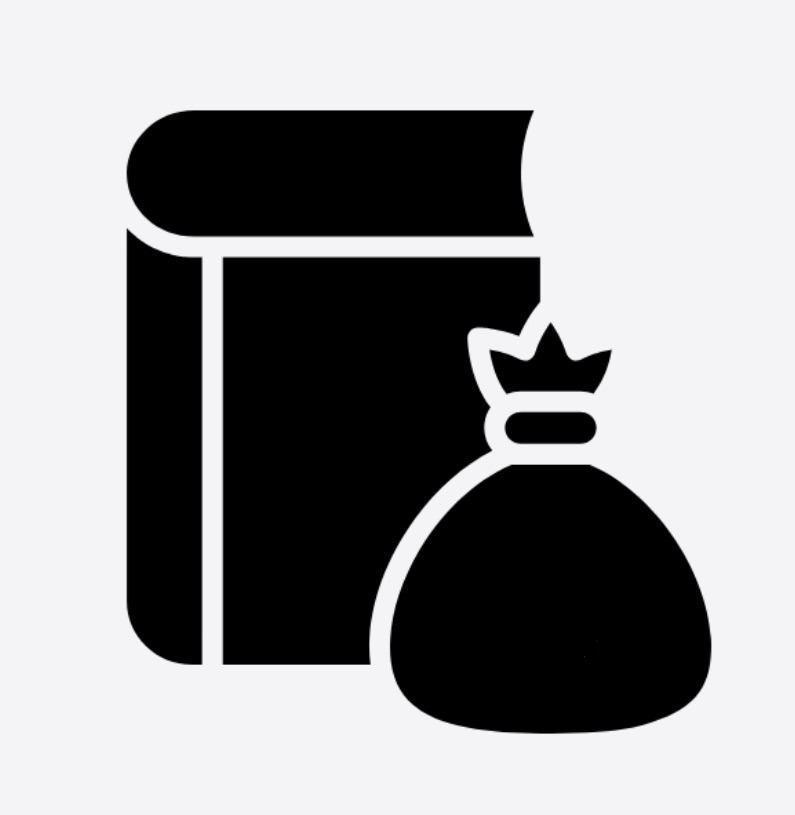 Black-and-white icon of a closed book with a money bag in front, symbolizing sponsoring or funding a Bible.