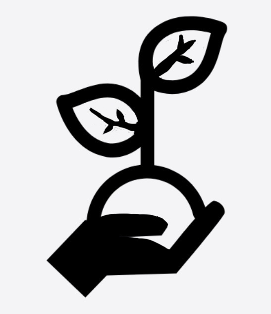 Black-and-white icon of a hand holding a sprouting plant with two leaves, symbolizing seeds of faith being planted.