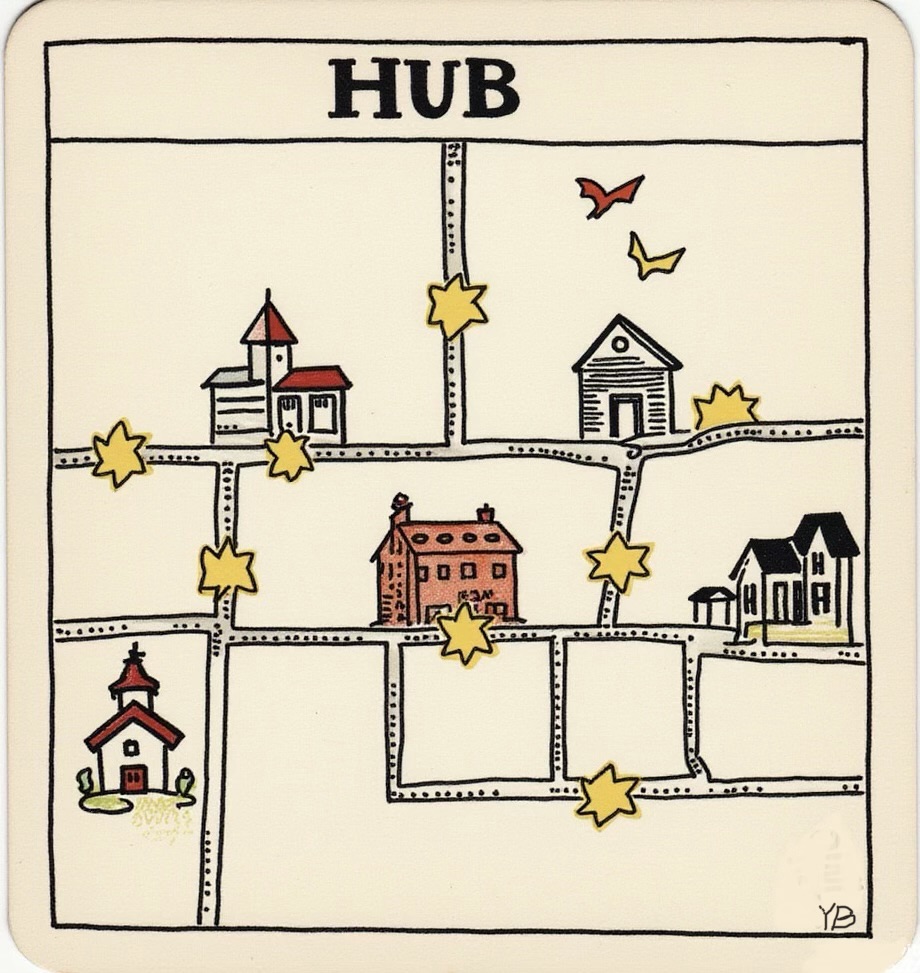 Hand-drawn map illustration labeled “HUB,” showing small buildings such as a church, house, and courthouse connected by dotted roads. Yellow stars mark different locations, and two birds fly above, symbolizing community connections and shared resources.
