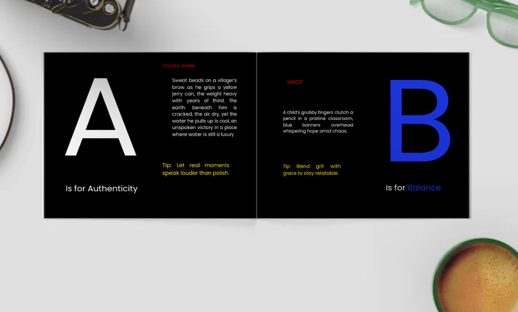 Open booklet showing ‘A is for Authenticity’ and ‘B is for Balance,’ part of Yarden Bridge’s 28-page guide to impactful nonprofit storytelling, placed on a light desk with minimal creative tools around it.