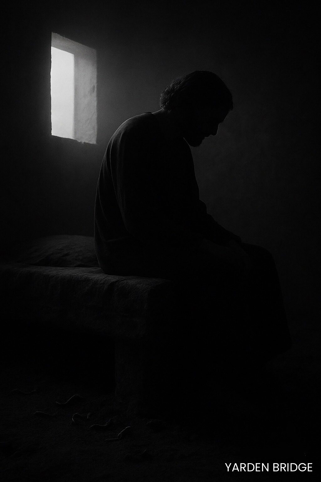 The Exposed. Grainy black-and-white image of a solitary figure seated in a dark room, faint light entering through a window, symbolizing Job exposed to the weight of inversion.