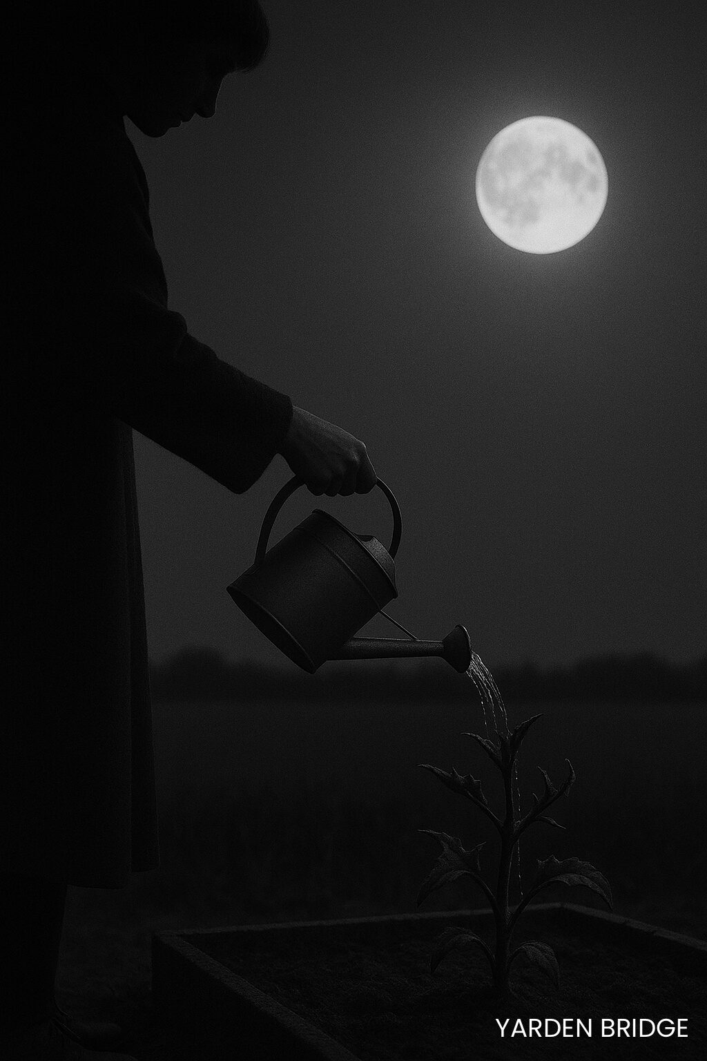The Carriers. Monochrome silhouette of an adult figure watering a thorny plant beneath a full moon, representing carriers nurturing falsehood until it bears fruit.