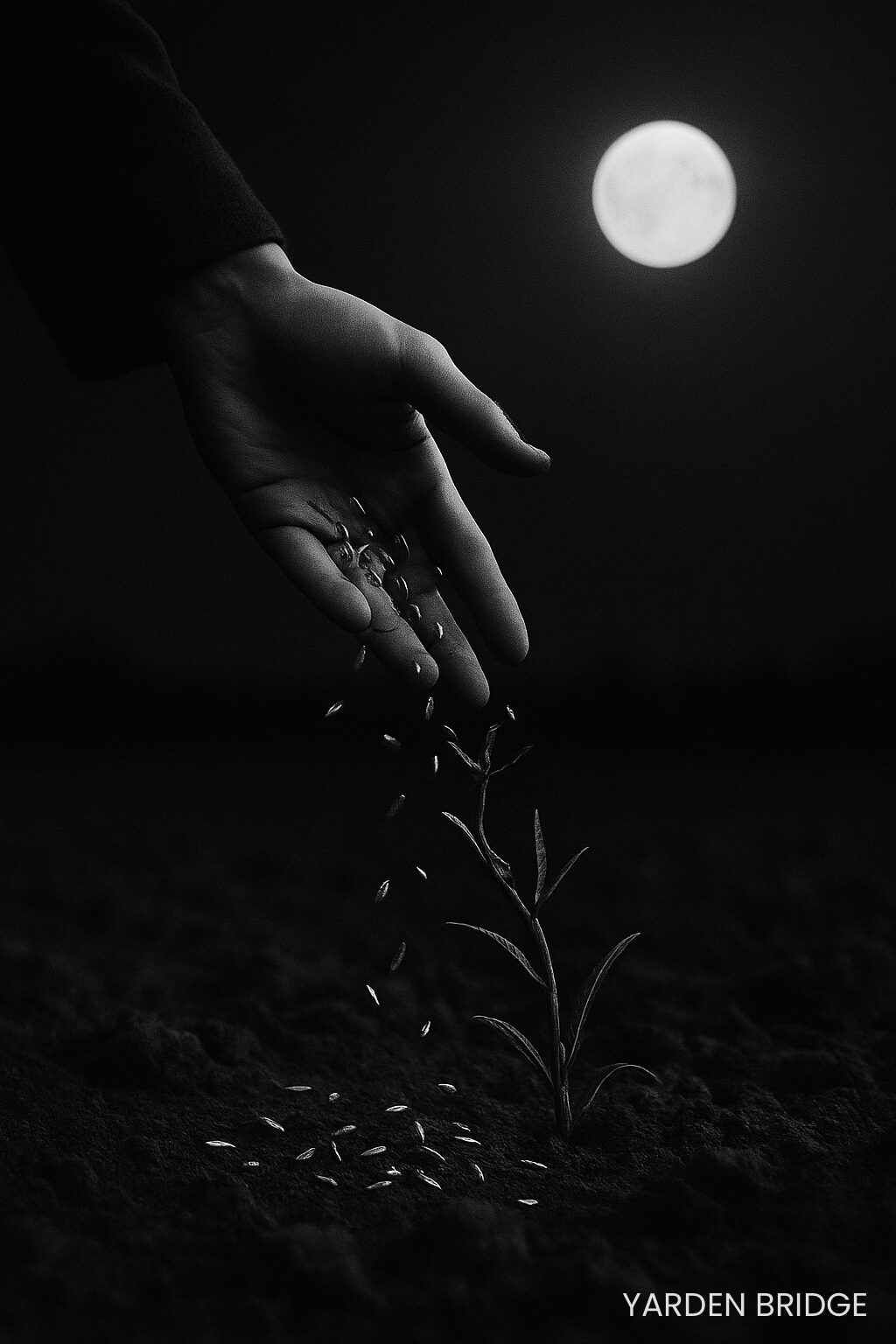 The Inventors. Black-and-white photograph of a weathered hand scattering seeds into dark soil under moonlight, symbolizing inventors sowing lies and calling night day (Job 17:12).