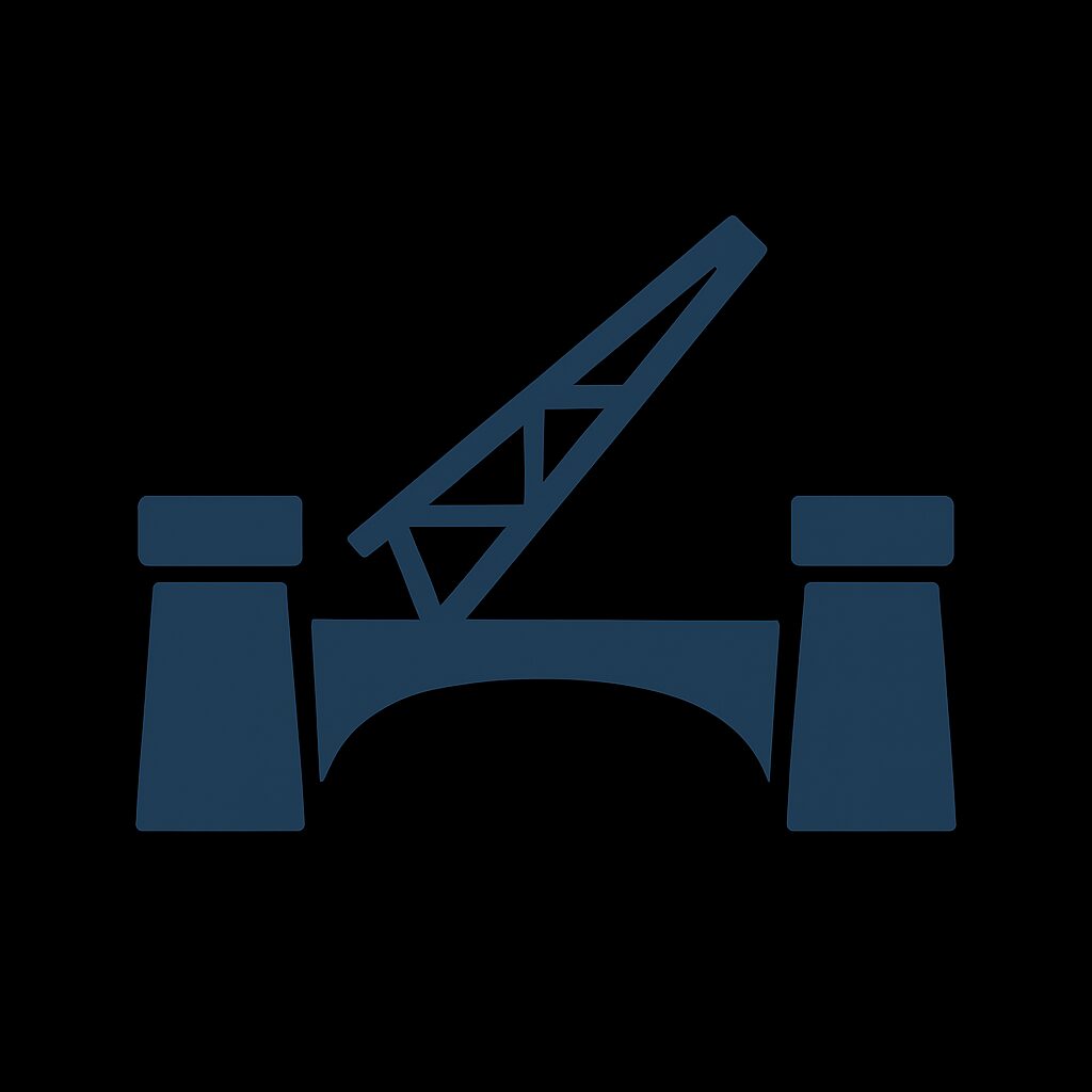 A minimalist flat graphic of a raised drawbridge on a black background, symbolizing bridgework and passage.
