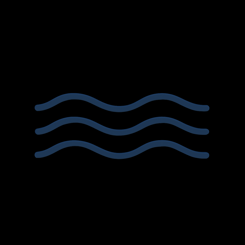  A minimalist flat graphic of three wavy lines in blue on a black background, symbolizing reflections and water.