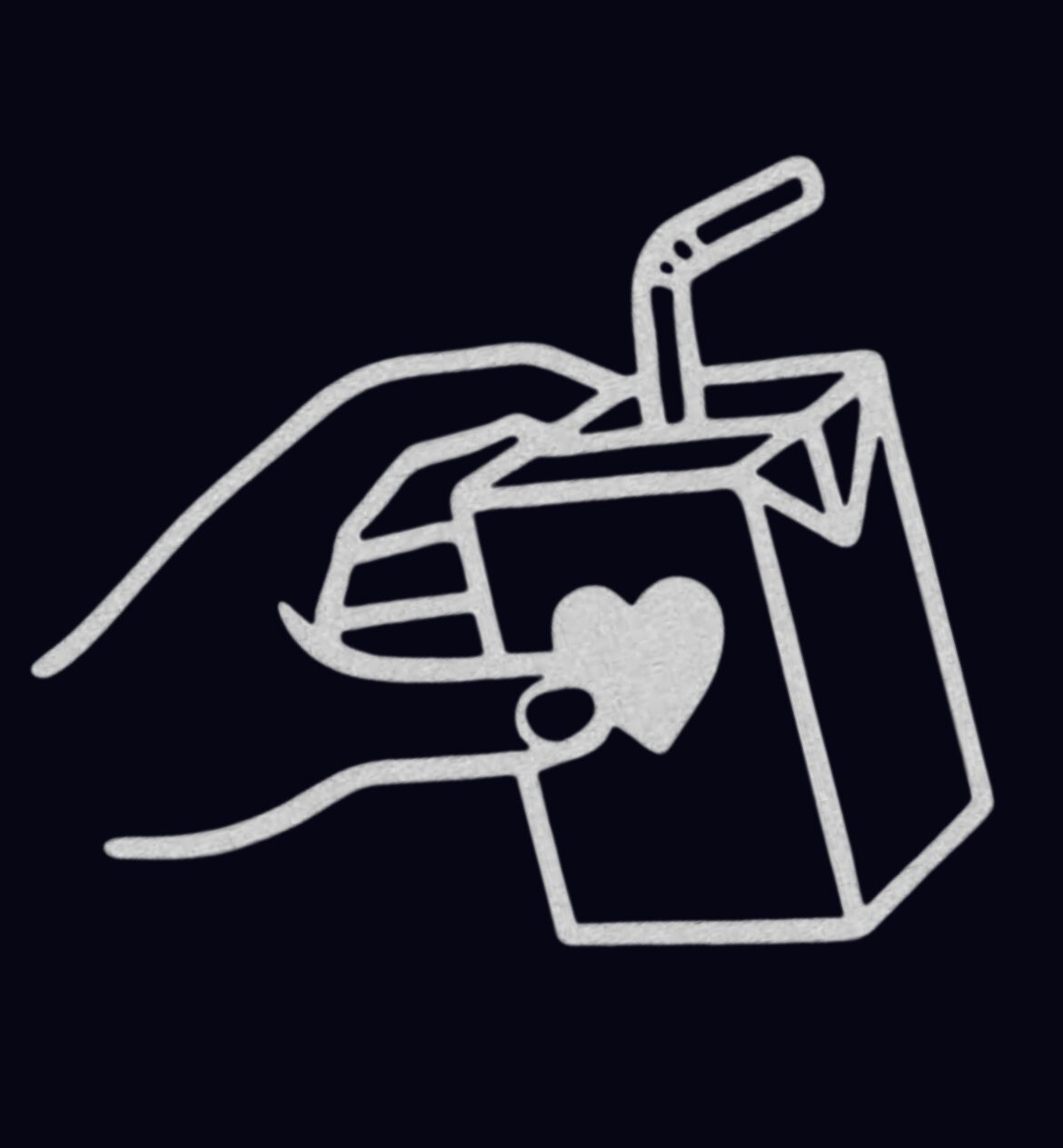 dark blue background with whiter line drawing of a hand lightly holding a juicebox with a heart printed on the box and a bendy straw pointing to the upper right of image corner